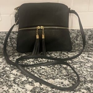 Black Crossbody Shoulder Bag with Gold Tassel Zipper